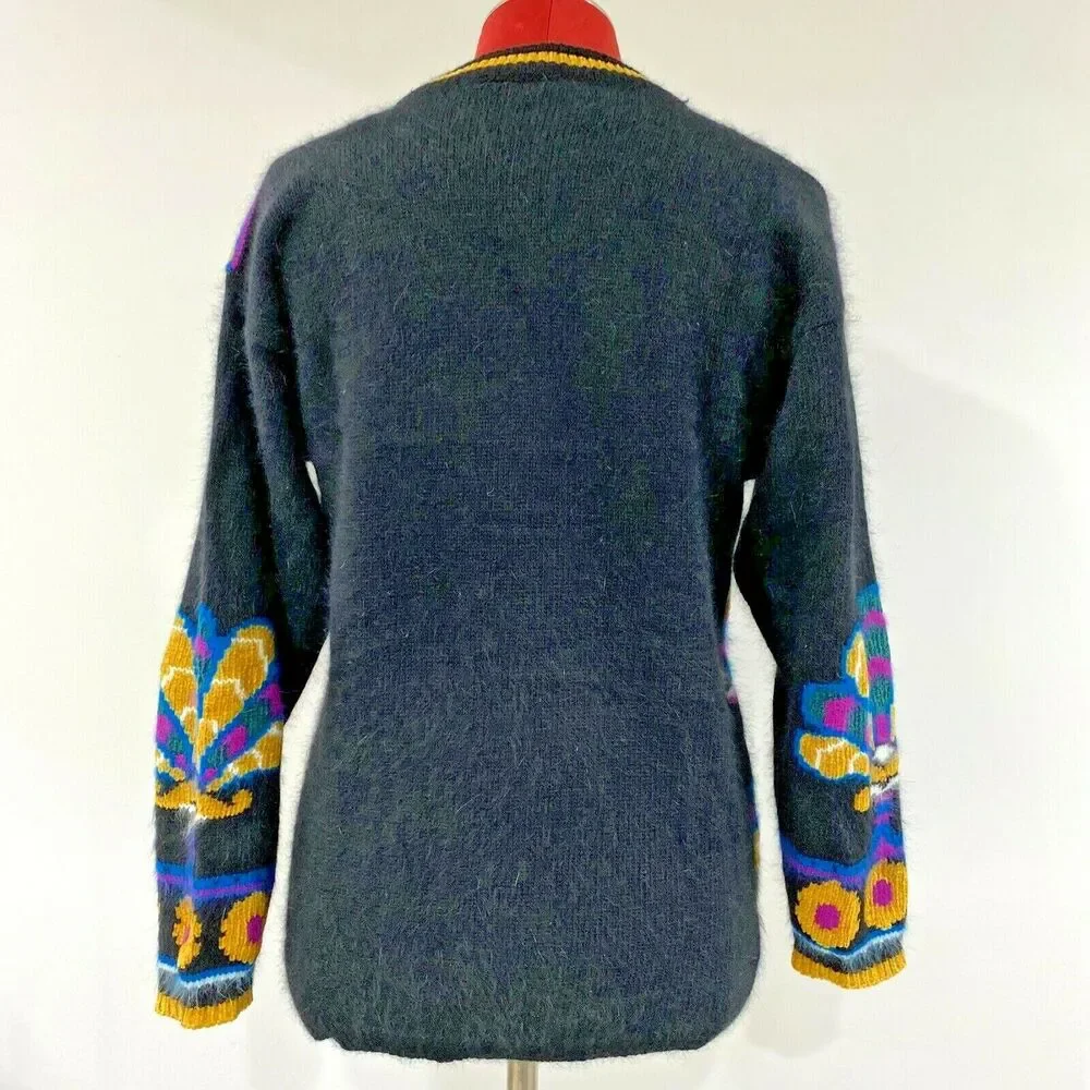 Retro Rafaella Angora Blend Sweater Chunky Black & Multicolor Geometric S/Petite